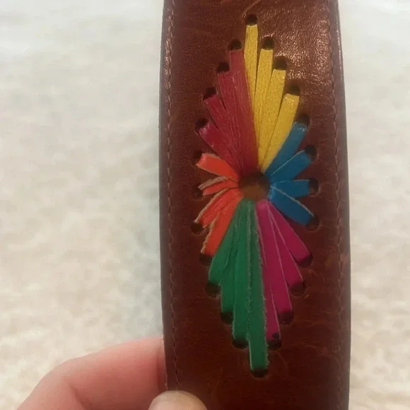 Vintage Women’s Brown Leather Belt Sz L Made USA Hankton 337 Colorful Starbursts - Picture 15 of 16